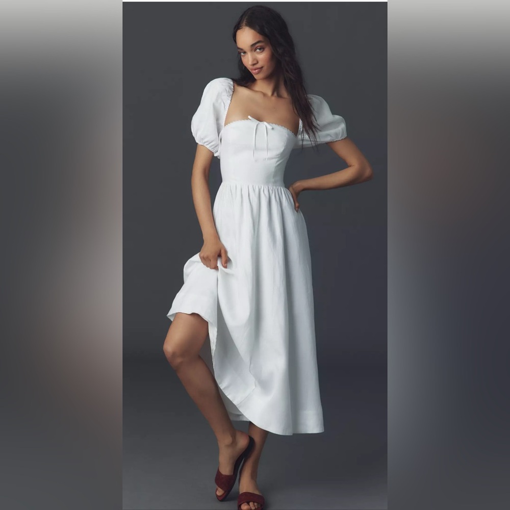 Reformation Marella Linen Puff-Sleeve Dress